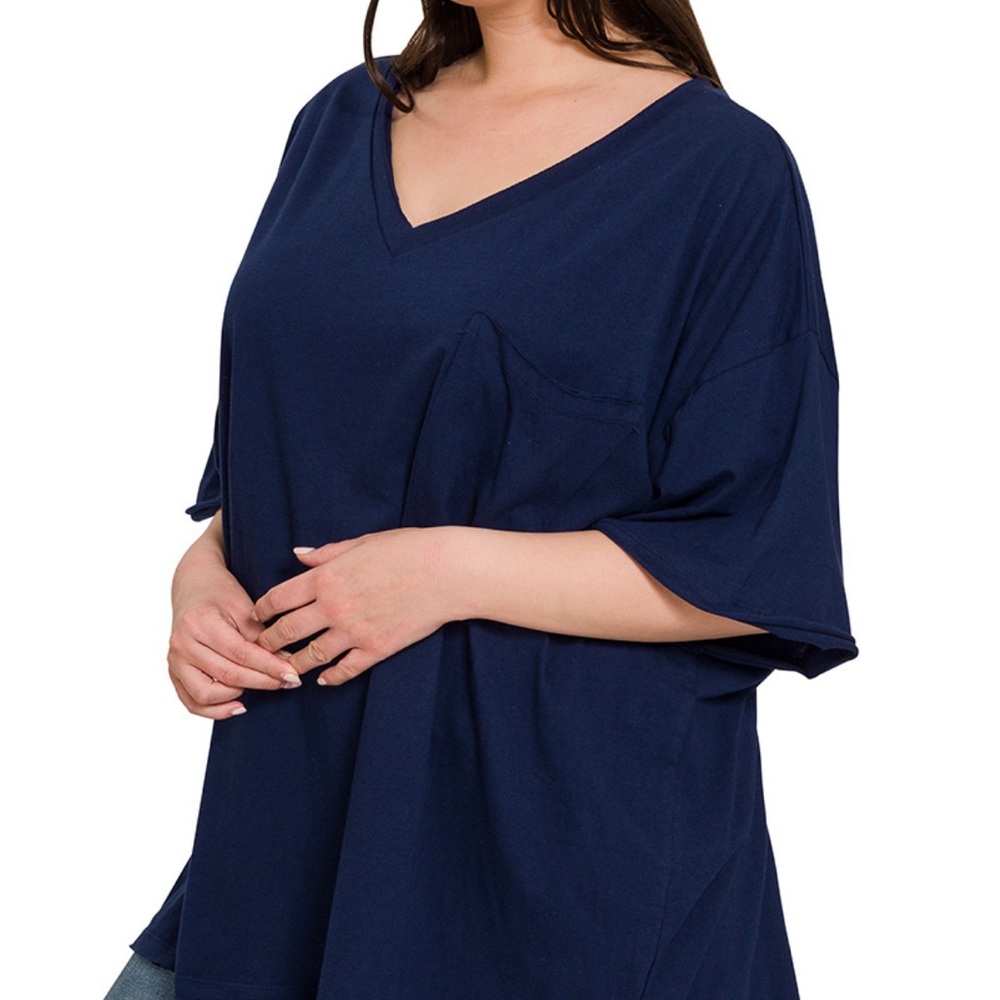 ZENANA Oversized Raw Edge Front Pocket Hi Low Tee Top - Picture 11 of 14